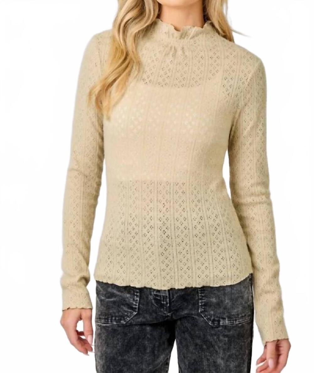 NEW MYSTREE lettuce edge mock neck eyelet top in beige